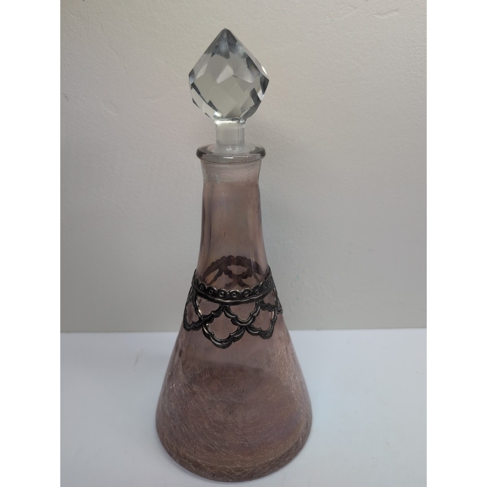 Vintage Decanter Pink Crackle Glass w/ Detailed‎ Silver Overlay  11 In